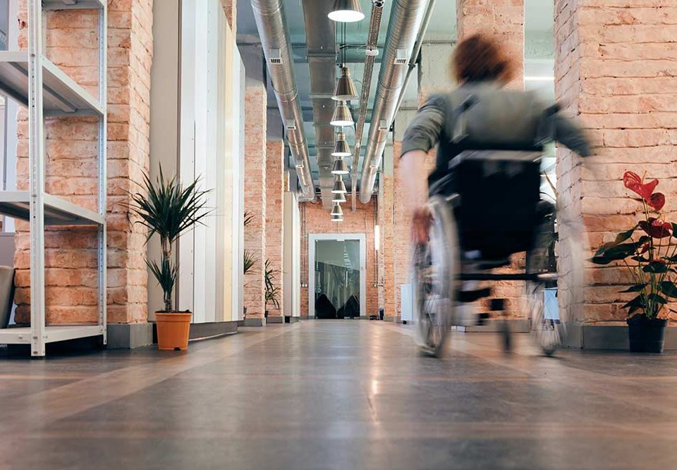 Wheelchair in a office hallway